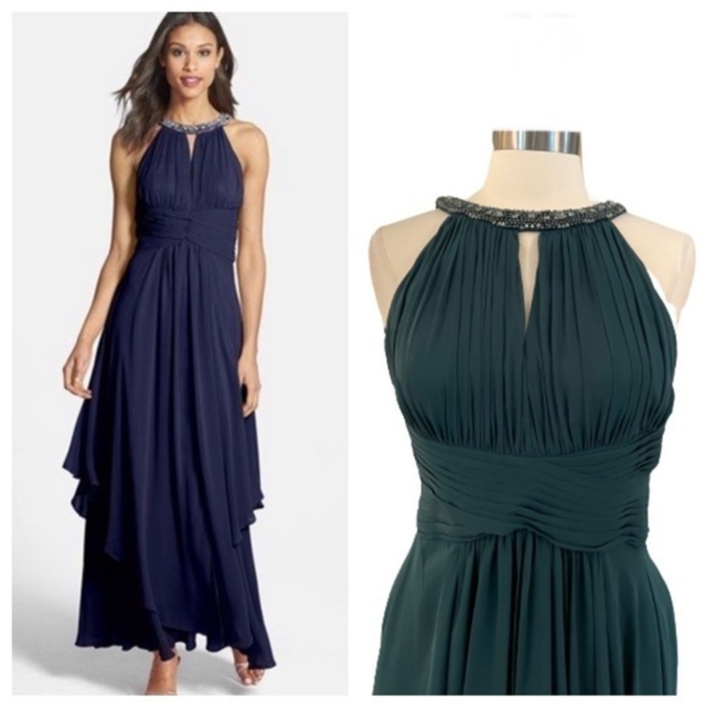 Eliza J Jeweled Collar Halter Cut Tiered Chiffon Maxi Dress in Sage Green Size 8